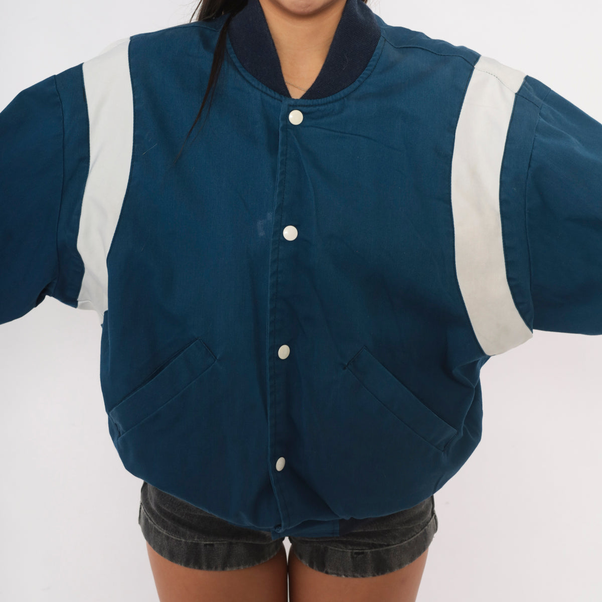 80s Price Club Costco Bomber Jacket Navy White Color Block Snap Front Large