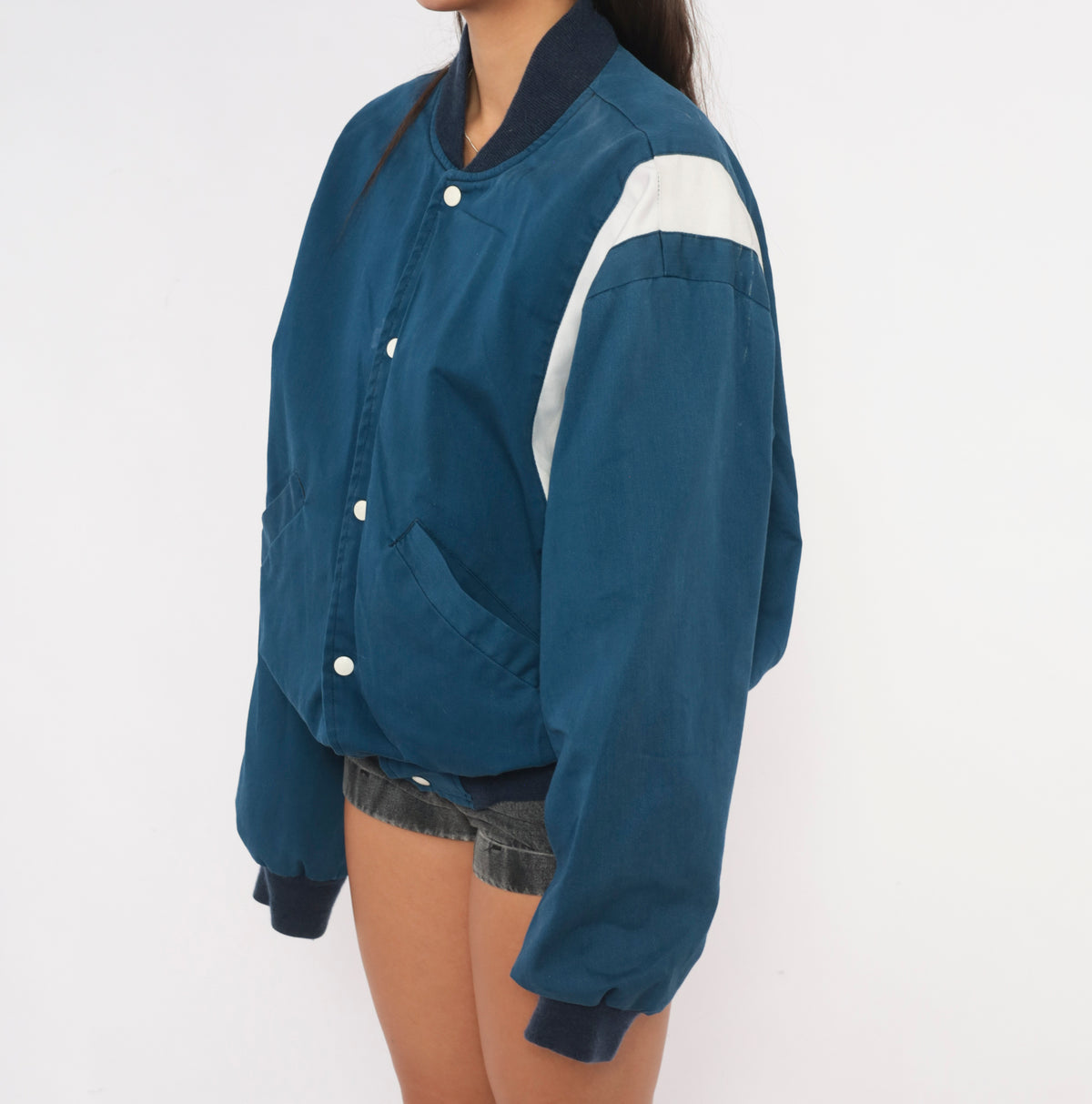 80s Price Club Costco Bomber Jacket Navy White Color Block Snap Front Large