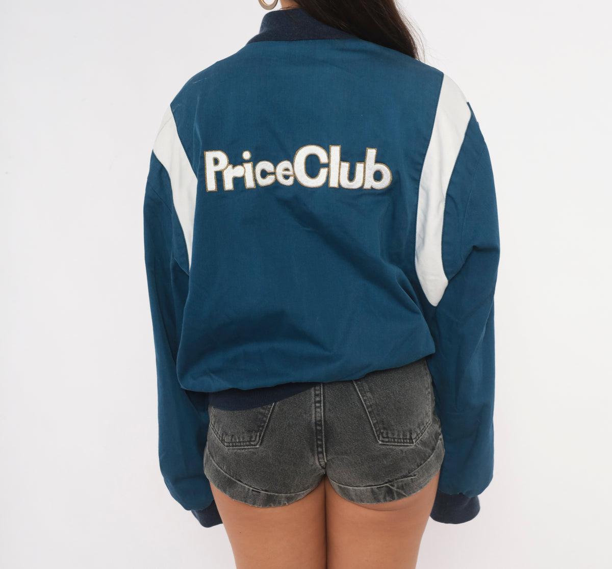 80s Price Club Costco Bomber Jacket Navy White Color Block Snap Front Large