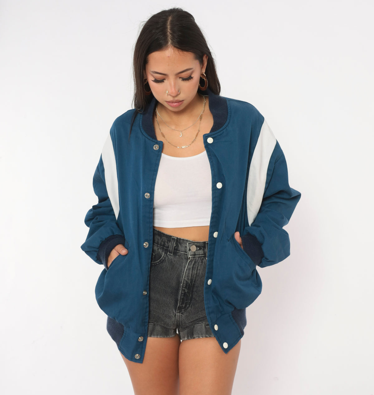 80s Price Club Costco Bomber Jacket Navy White Color Block Snap Front Large