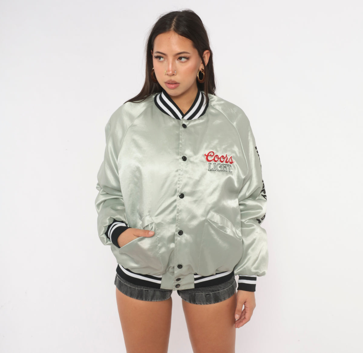 90s Coors Light Bomber Jacket Grey Satin King Louie Embroidered Medium M