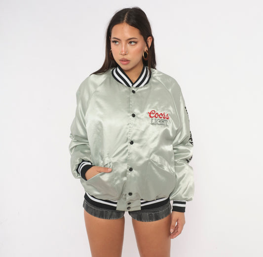 90s Coors Light Bomber Jacket Grey Satin King Louie Embroidered Medium M