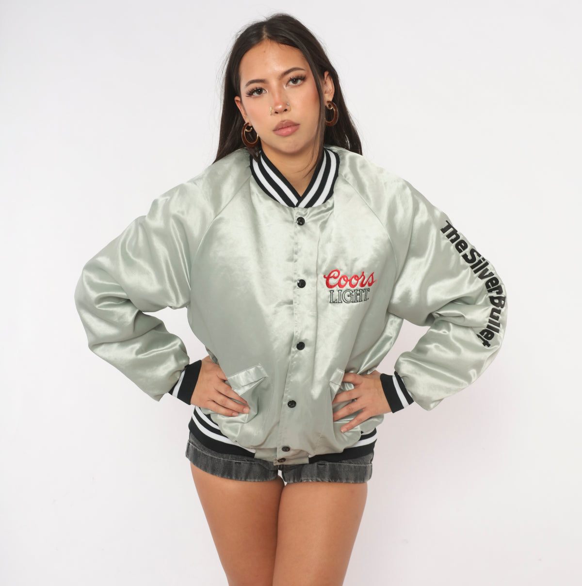 90s Coors Light Bomber Jacket Grey Satin King Louie Embroidered Medium M