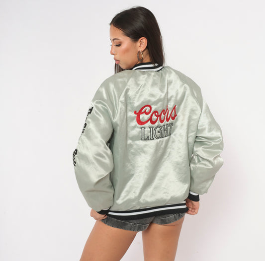 90s Coors Light Bomber Jacket Grey Satin King Louie Embroidered Medium M