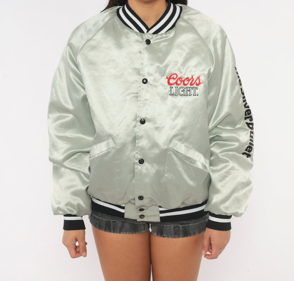 90s Coors Light Bomber Jacket Grey Satin King Louie Embroidered Medium M