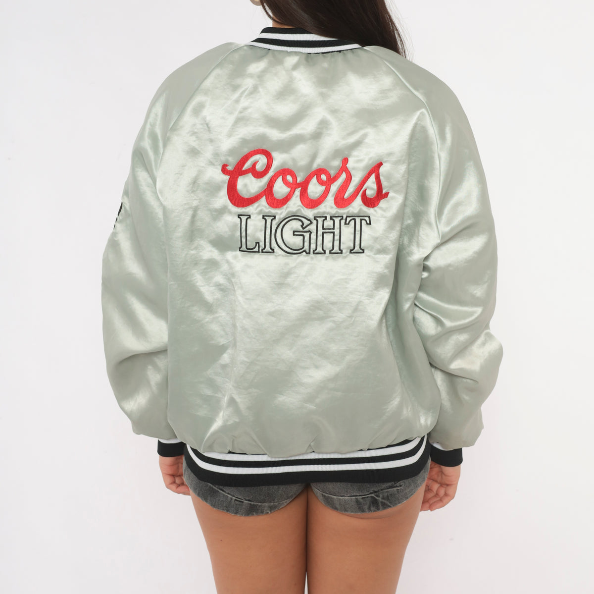 90s Coors Light Bomber Jacket Grey Satin King Louie Embroidered Medium M