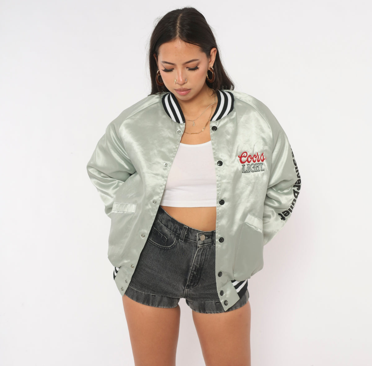 90s Coors Light Bomber Jacket Grey Satin King Louie Embroidered Medium M