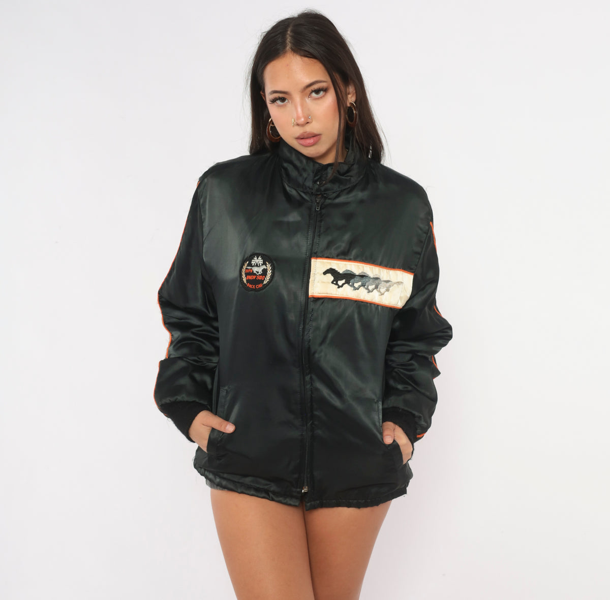 80s Horizon Sportswear Ford Mustang Bomber Jacket Black Indy 500 Pace Car Small