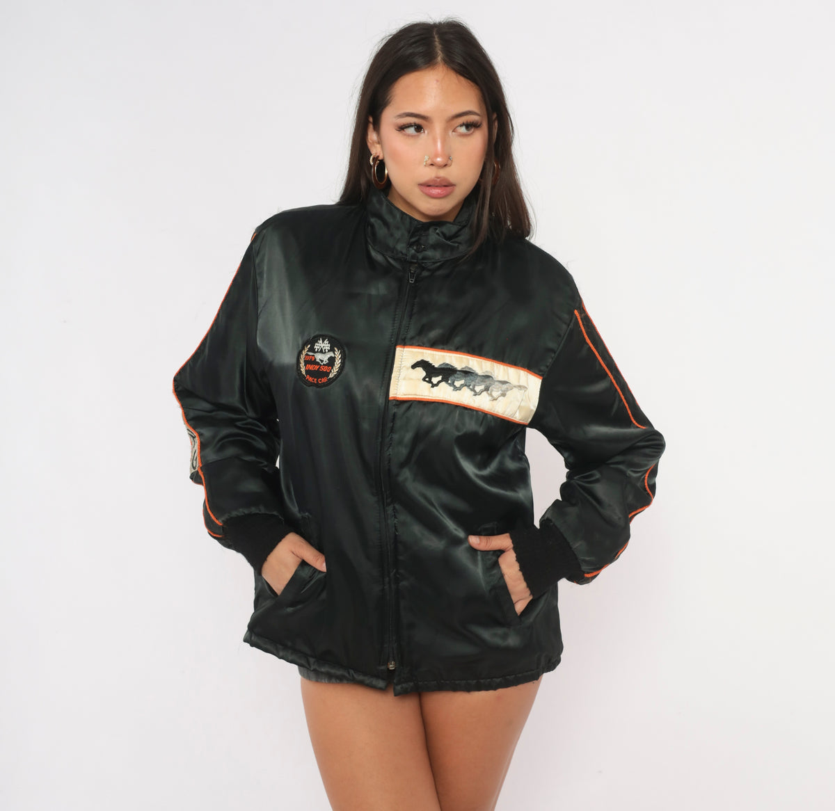 80s Horizon Sportswear Ford Mustang Bomber Jacket Black Indy 500 Pace Car Small
