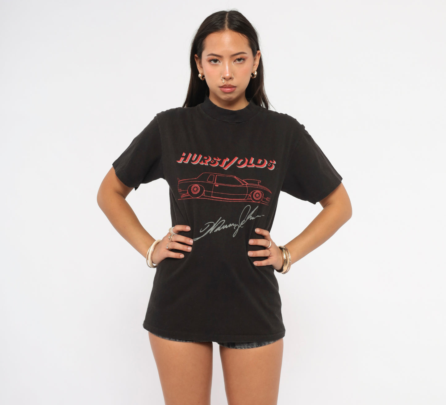 Hurst Olds Car Tee 90s Black Graphic Shirt Muscle Automobile Racing Vintage Mock Neck Cotton Hanes Band Style Streetwear Onyx Unisex Short Sleeve Top Small S