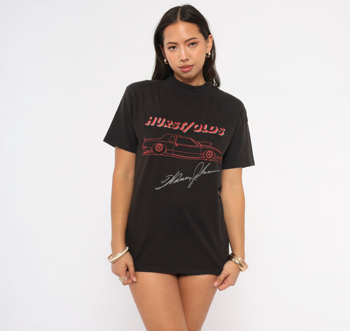 Hurst Olds Car Tee 90s Black Graphic Shirt Muscle Automobile Racing Vintage Mock Neck Cotton Hanes Band Style Streetwear Onyx Unisex Short Sleeve Top Small S