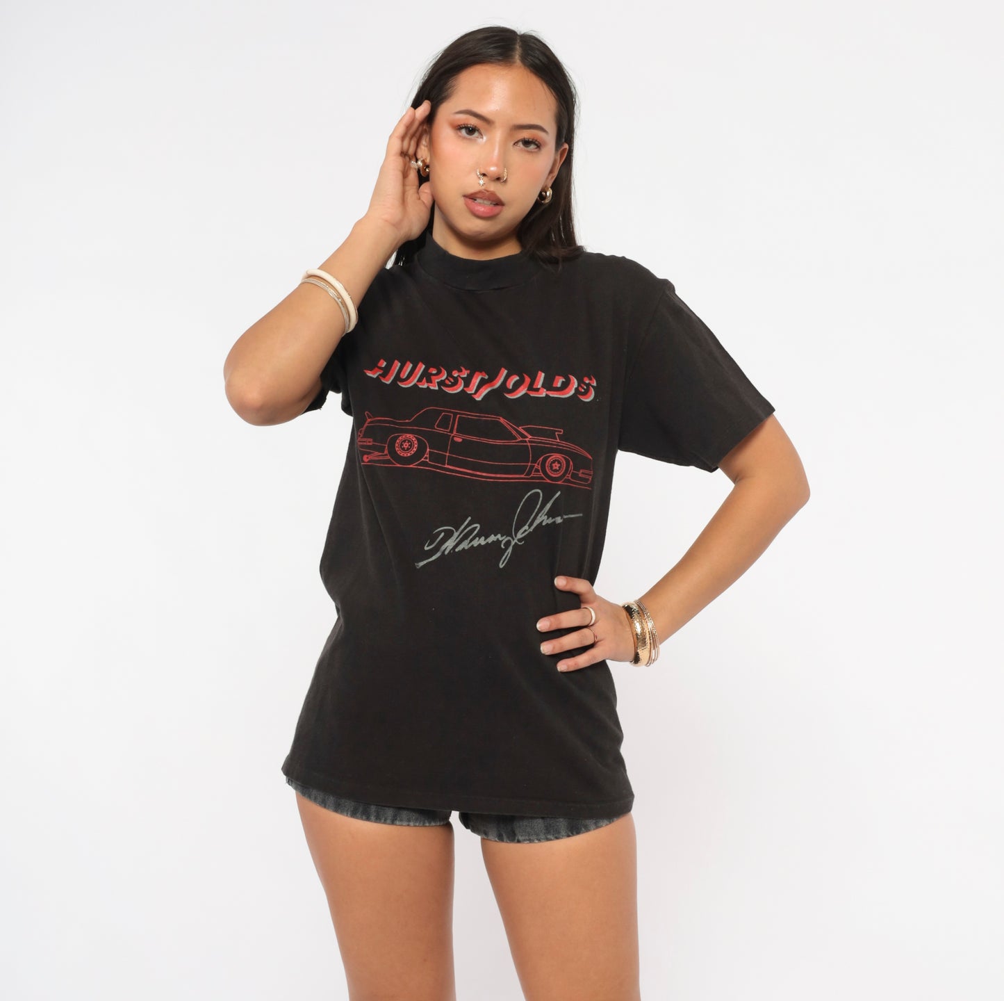 Hurst Olds Car Tee 90s Black Graphic Shirt Muscle Automobile Racing Vintage Mock Neck Cotton Hanes Band Style Streetwear Onyx Unisex Short Sleeve Top Small S
