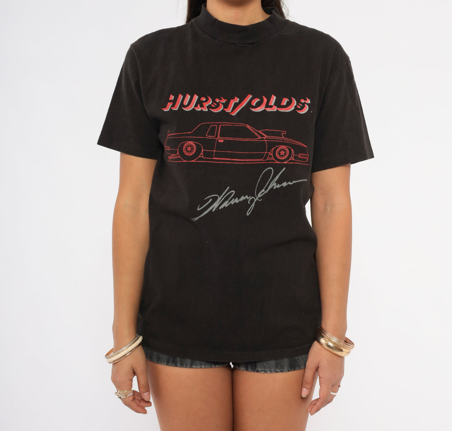 Hurst Olds Car Tee 90s Black Graphic Shirt Muscle Automobile Racing Vintage Mock Neck Cotton Hanes Band Style Streetwear Onyx Unisex Short Sleeve Top Small S