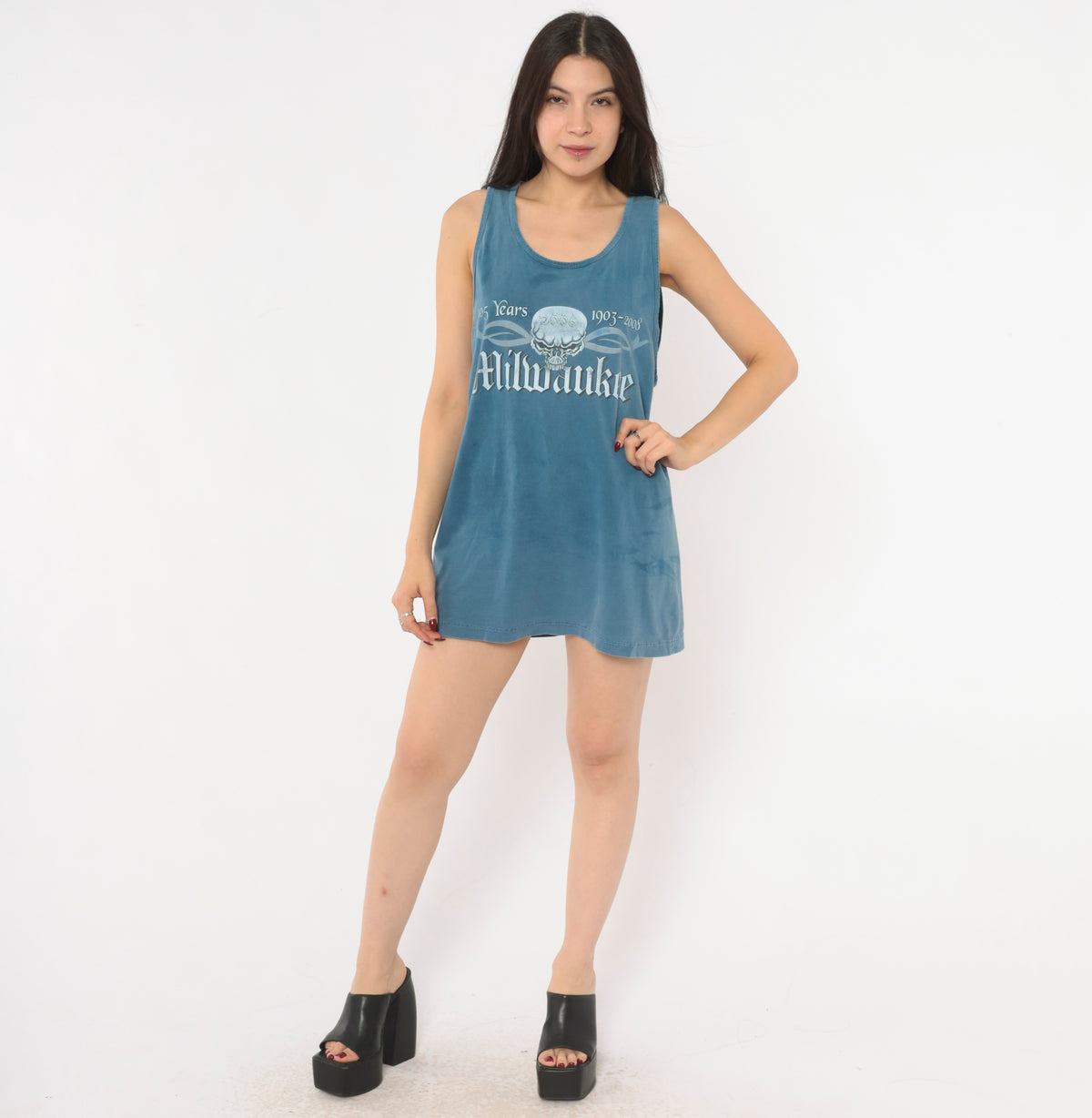 2008 Harley Milwaukee Skull Cross Tank Top Blue Steel Sleeveless Biker Graphic Tee Cotton Gothic Motorcycle Anniversary Crew Neck Slate Unisex Vintage Medium M
