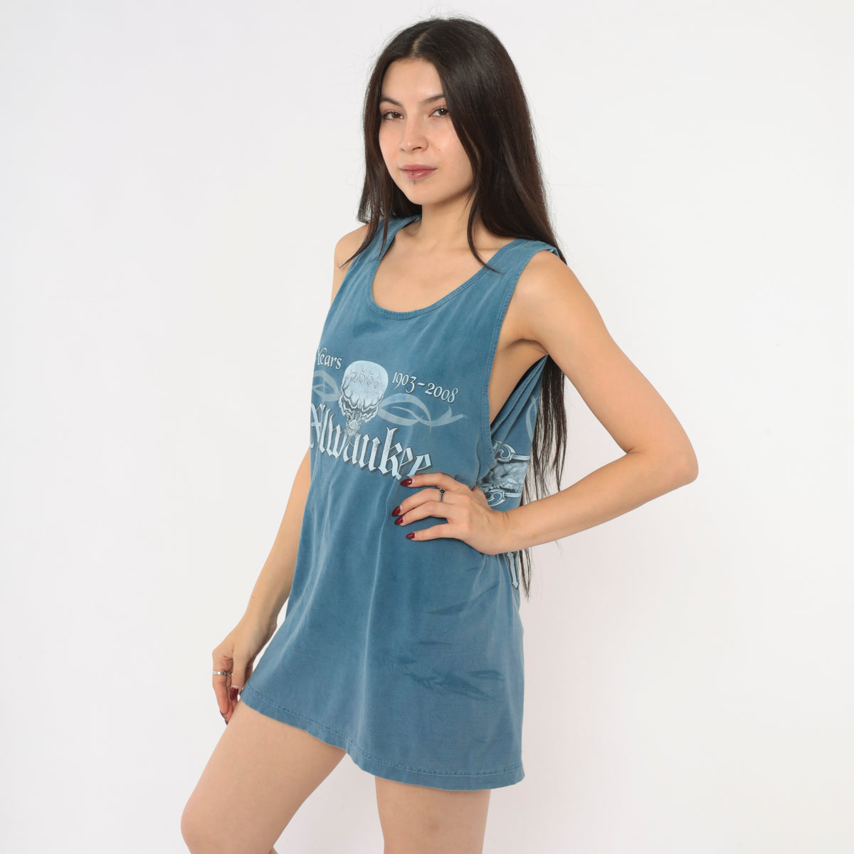 2008 Harley Milwaukee Skull Cross Tank Top Blue Steel Sleeveless Biker Graphic Tee Cotton Gothic Motorcycle Anniversary Crew Neck Slate Unisex Vintage Medium M