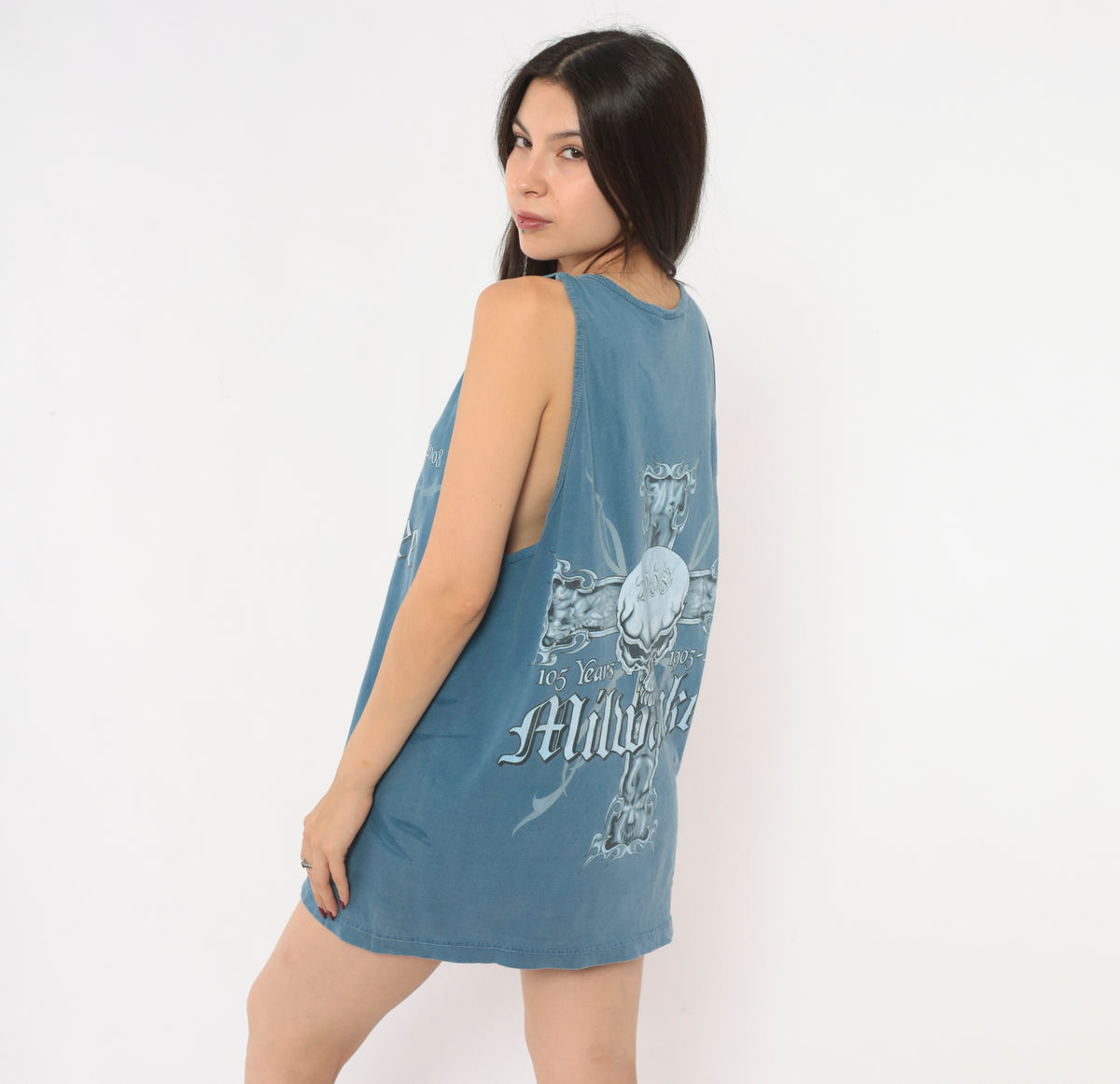 2008 Harley Milwaukee Skull Cross Tank Top Blue Steel Sleeveless Biker Graphic Tee Cotton Gothic Motorcycle Anniversary Crew Neck Slate Unisex Vintage Medium M