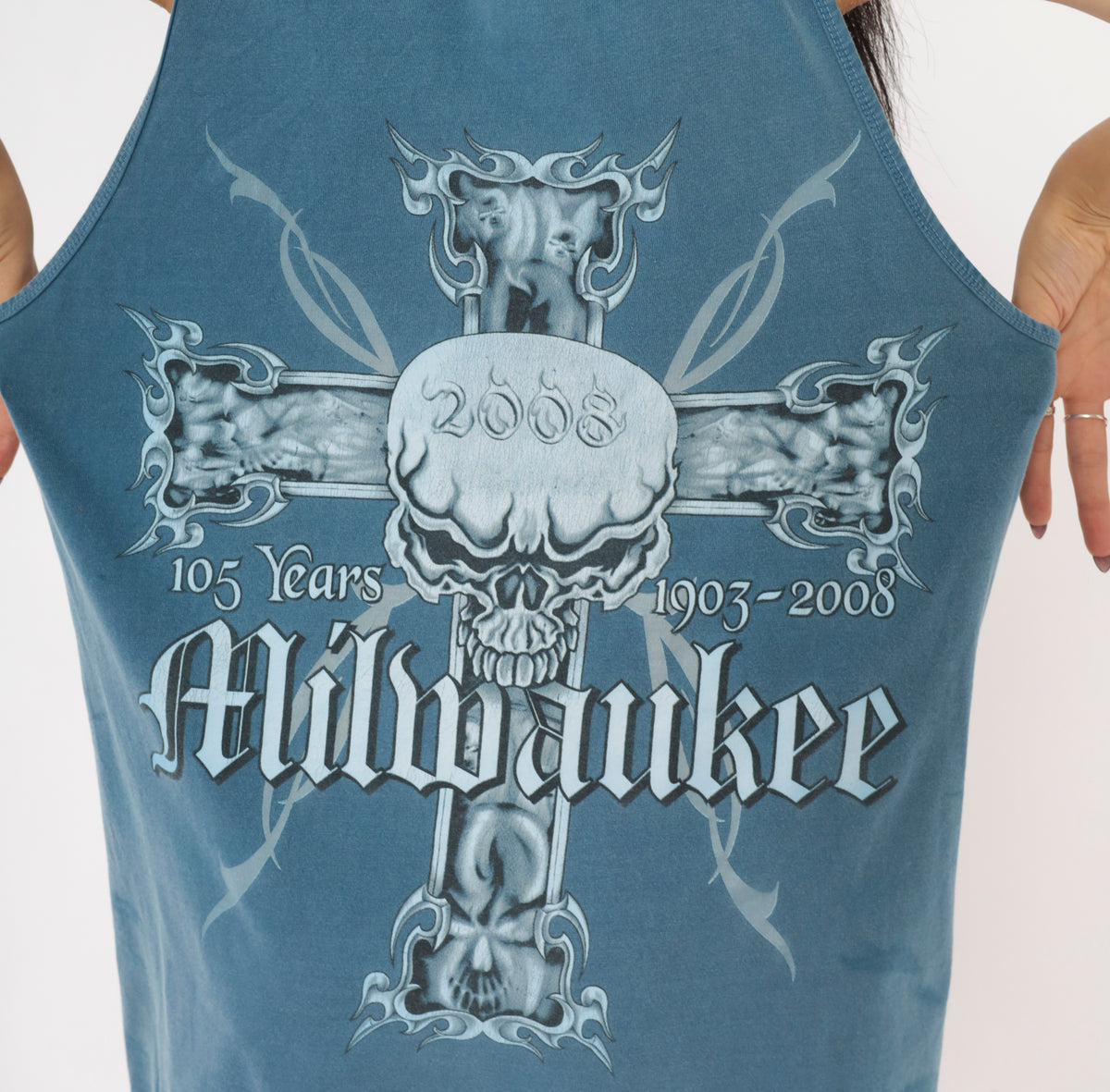 2008 Harley Milwaukee Skull Cross Tank Top Blue Steel Sleeveless Biker Graphic Tee Cotton Gothic Motorcycle Anniversary Crew Neck Slate Unisex Vintage Medium M