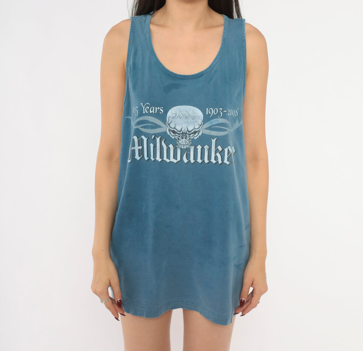 2008 Harley Milwaukee Skull Cross Tank Top Blue Steel Sleeveless Biker Graphic Tee Cotton Gothic Motorcycle Anniversary Crew Neck Slate Unisex Vintage Medium M