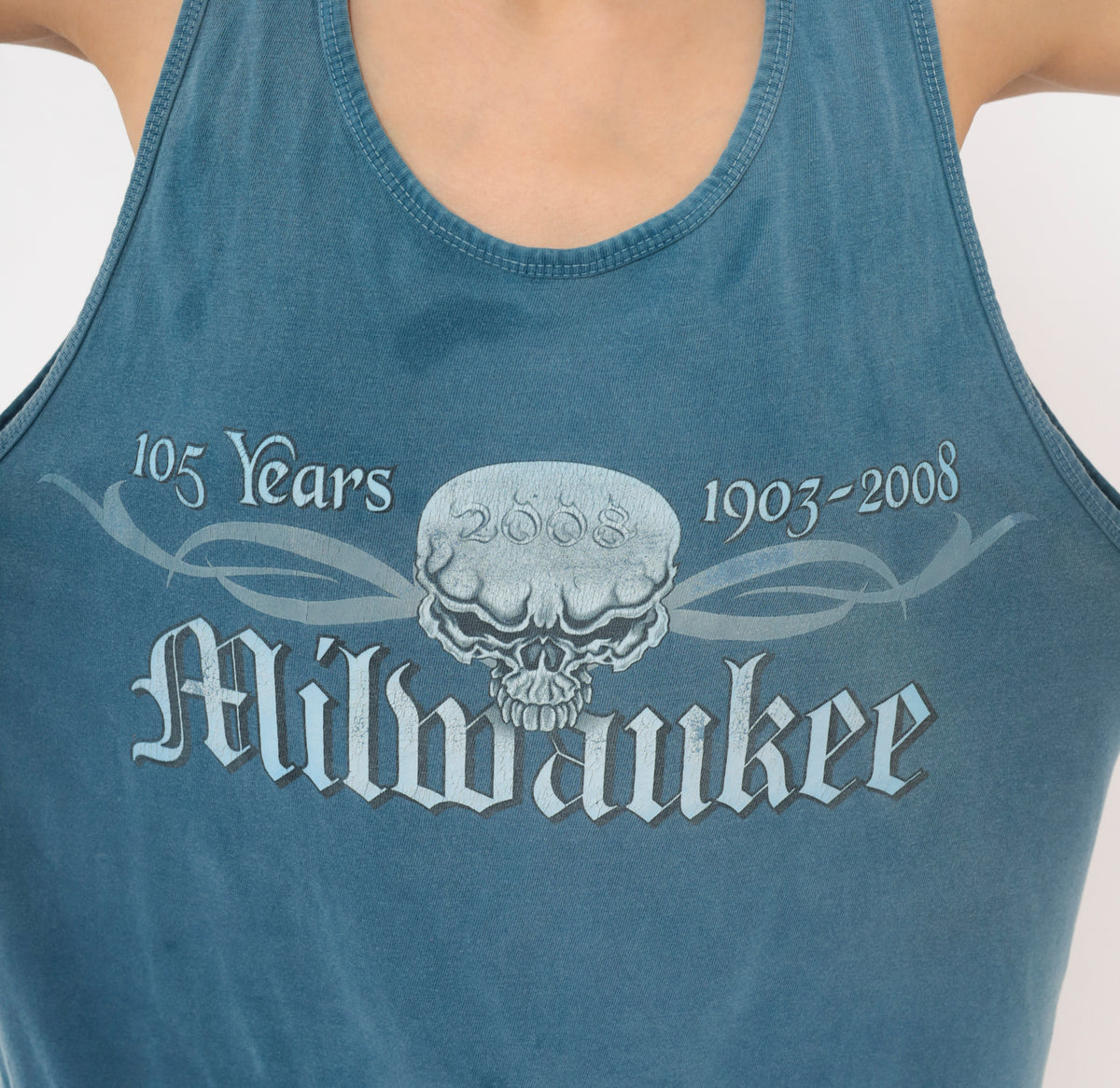 2008 Harley Milwaukee Skull Cross Tank Top Blue Steel Sleeveless Biker Graphic Tee Cotton Gothic Motorcycle Anniversary Crew Neck Slate Unisex Vintage Medium M