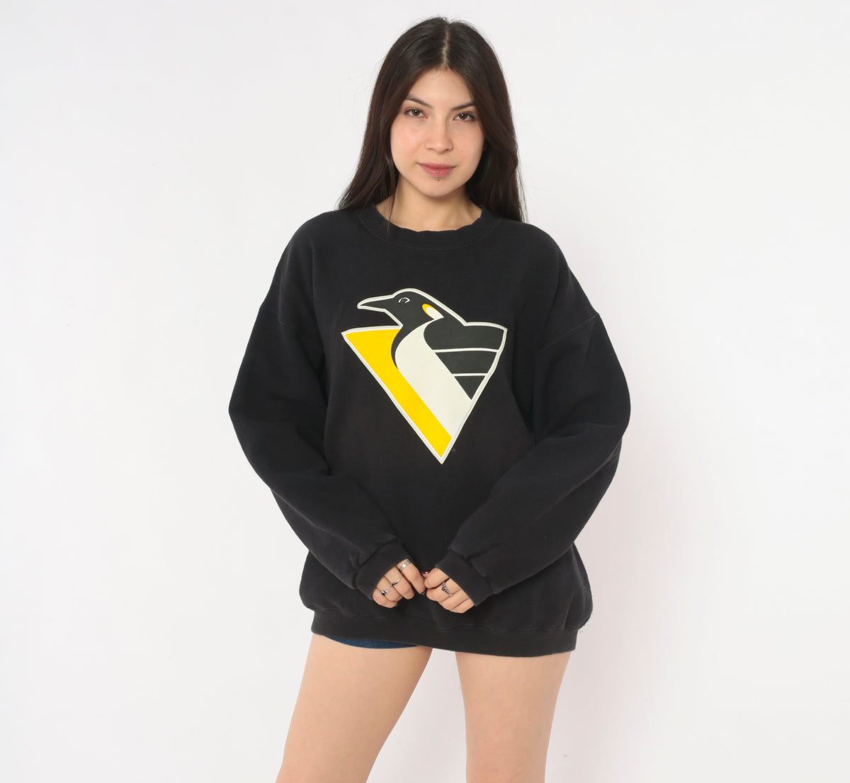 90s Pittsburgh Penguins Sweatshirt Lemieux 66 NHL Hockey Crewneck Black Yellow Cotton Pullover Lee Sport Graphic Jersey Number Sports Fan Long Sleeve Top Large L