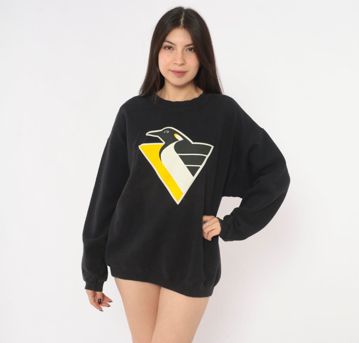90s Pittsburgh Penguins Sweatshirt Lemieux 66 NHL Hockey Crewneck Black Yellow Cotton Pullover Lee Sport Graphic Jersey Number Sports Fan Long Sleeve Top Large L