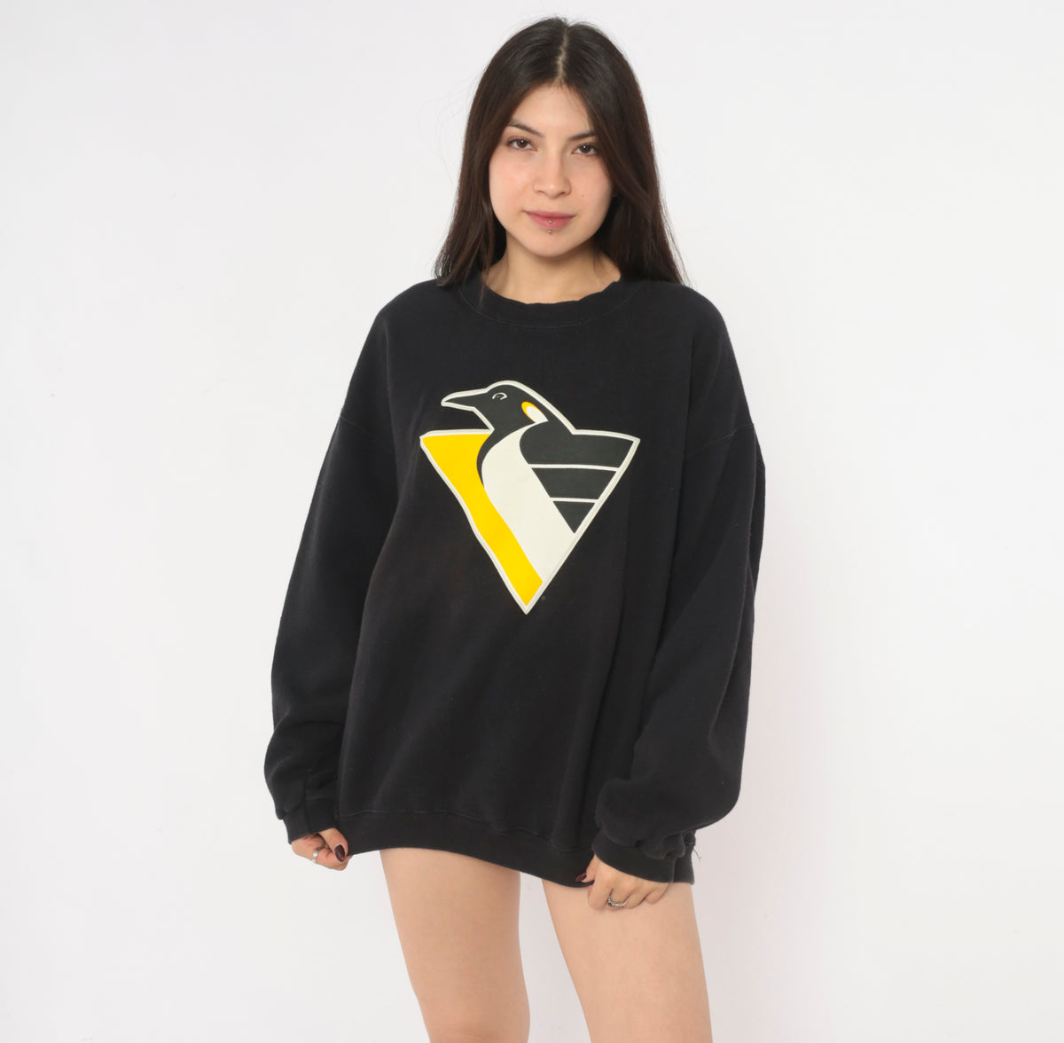90s Pittsburgh Penguins Sweatshirt Lemieux 66 NHL Hockey Crewneck Black Yellow Cotton Pullover Lee Sport Graphic Jersey Number Sports Fan Long Sleeve Top Large L