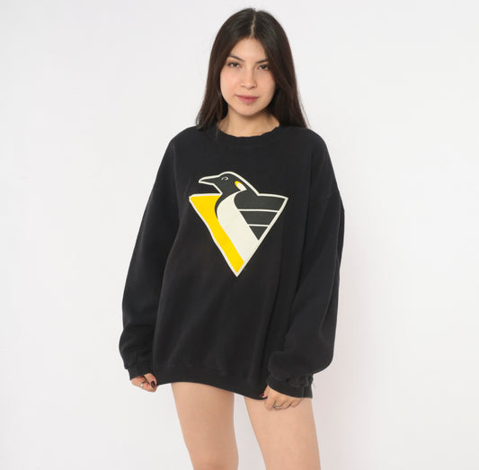 90s Pittsburgh Penguins Sweatshirt Lemieux 66 NHL Hockey Crewneck Black Yellow Cotton Pullover Lee Sport Graphic Jersey Number Sports Fan Long Sleeve Top Large L
