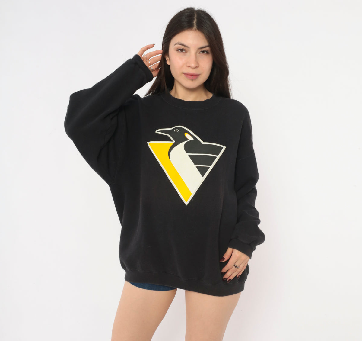 90s Pittsburgh Penguins Sweatshirt Lemieux 66 NHL Hockey Crewneck Black Yellow Cotton Pullover Lee Sport Graphic Jersey Number Sports Fan Long Sleeve Top Large L