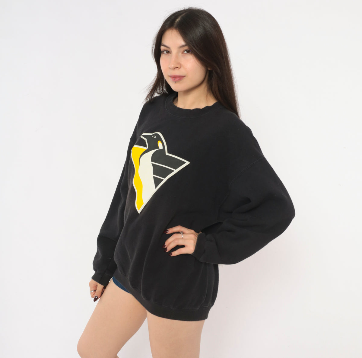 90s Pittsburgh Penguins Sweatshirt Lemieux 66 NHL Hockey Crewneck Black Yellow Cotton Pullover Lee Sport Graphic Jersey Number Sports Fan Long Sleeve Top Large L