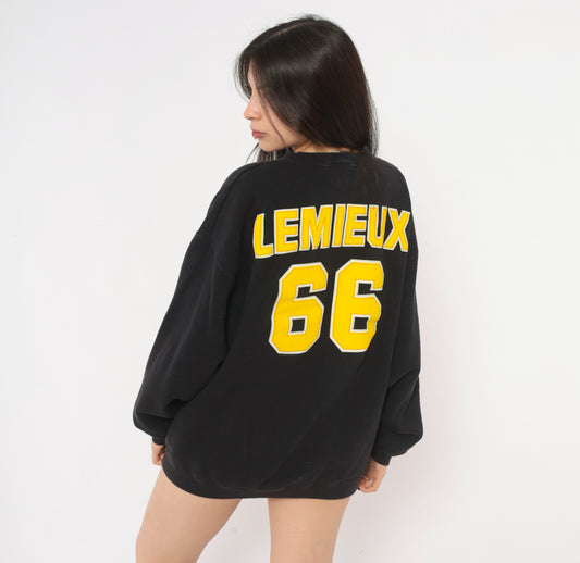 90s Pittsburgh Penguins Sweatshirt Lemieux 66 NHL Hockey Crewneck Black Yellow Cotton Pullover Lee Sport Graphic Jersey Number Sports Fan Long Sleeve Top Large L