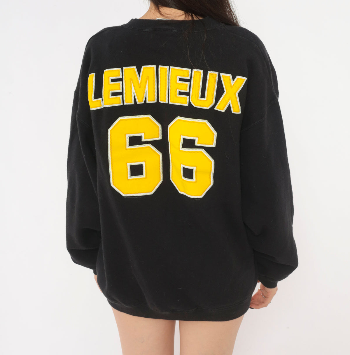 90s Pittsburgh Penguins Sweatshirt Lemieux 66 NHL Hockey Crewneck Black Yellow Cotton Pullover Lee Sport Graphic Jersey Number Sports Fan Long Sleeve Top Large L