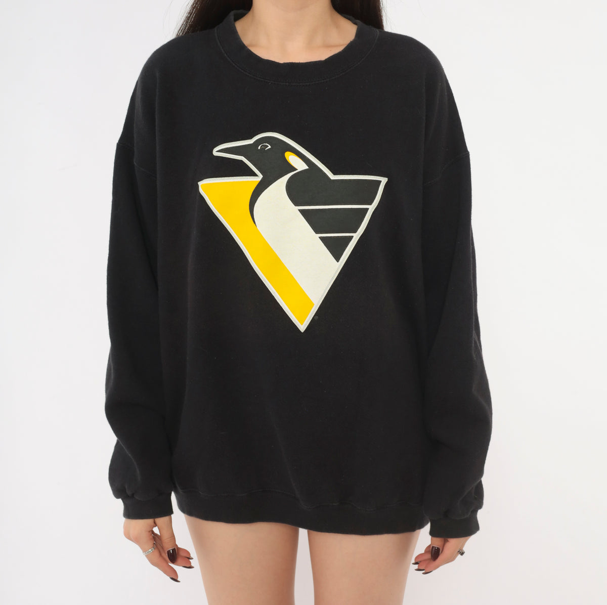 90s Pittsburgh Penguins Sweatshirt Lemieux 66 NHL Hockey Crewneck Black Yellow Cotton Pullover Lee Sport Graphic Jersey Number Sports Fan Long Sleeve Top Large L