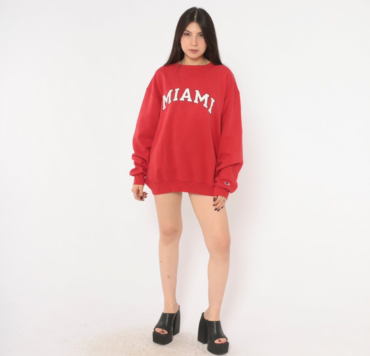 Y2K Miami Sweatshirt Red Crew Neck Pullover Collegiate Varsity Graphic White Arch Print Cotton Long Sleeve Boxy Raglan Preppy Academic College Unisex Vintage Large L