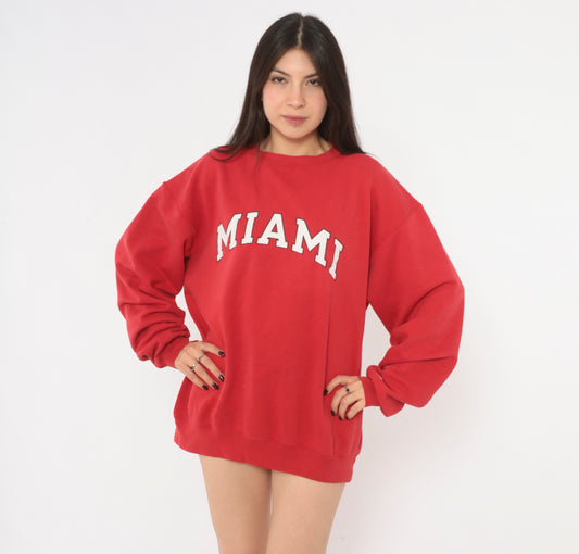 Y2K Miami Sweatshirt Red Crew Neck Pullover Collegiate Varsity Graphic White Arch Print Cotton Long Sleeve Boxy Raglan Preppy Academic College Unisex Vintage Large L