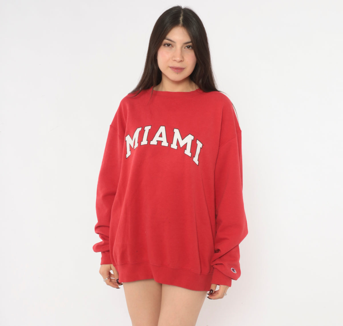 Y2K Miami Sweatshirt Red Crew Neck Pullover Collegiate Varsity Graphic White Arch Print Cotton Long Sleeve Boxy Raglan Preppy Academic College Unisex Vintage Large L