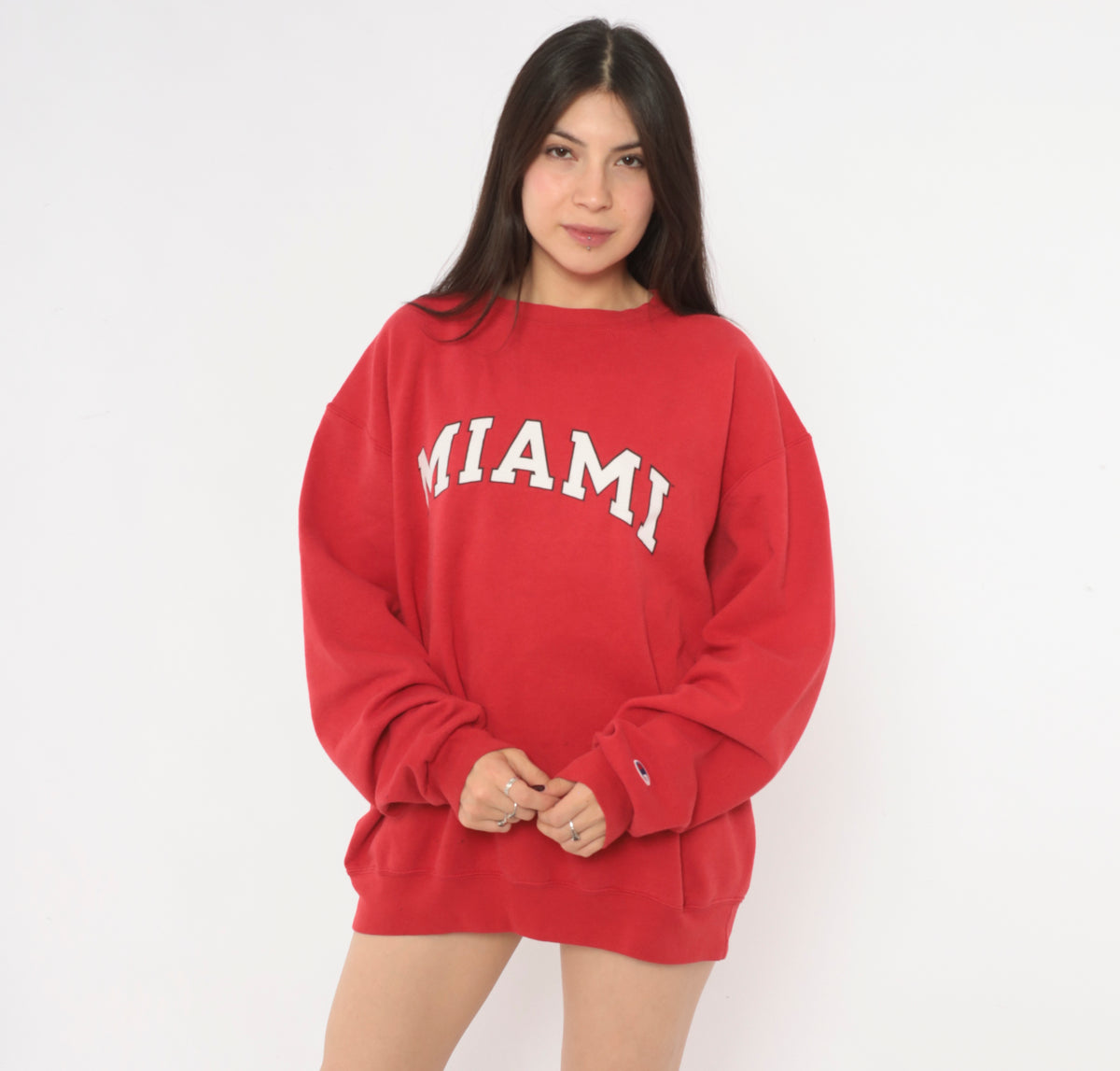 Y2K Miami Sweatshirt Red Crew Neck Pullover Collegiate Varsity Graphic White Arch Print Cotton Long Sleeve Boxy Raglan Preppy Academic College Unisex Vintage Large L
