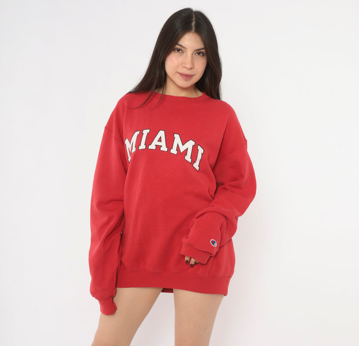 Y2K Miami Sweatshirt Red Crew Neck Pullover Collegiate Varsity Graphic White Arch Print Cotton Long Sleeve Boxy Raglan Preppy Academic College Unisex Vintage Large L