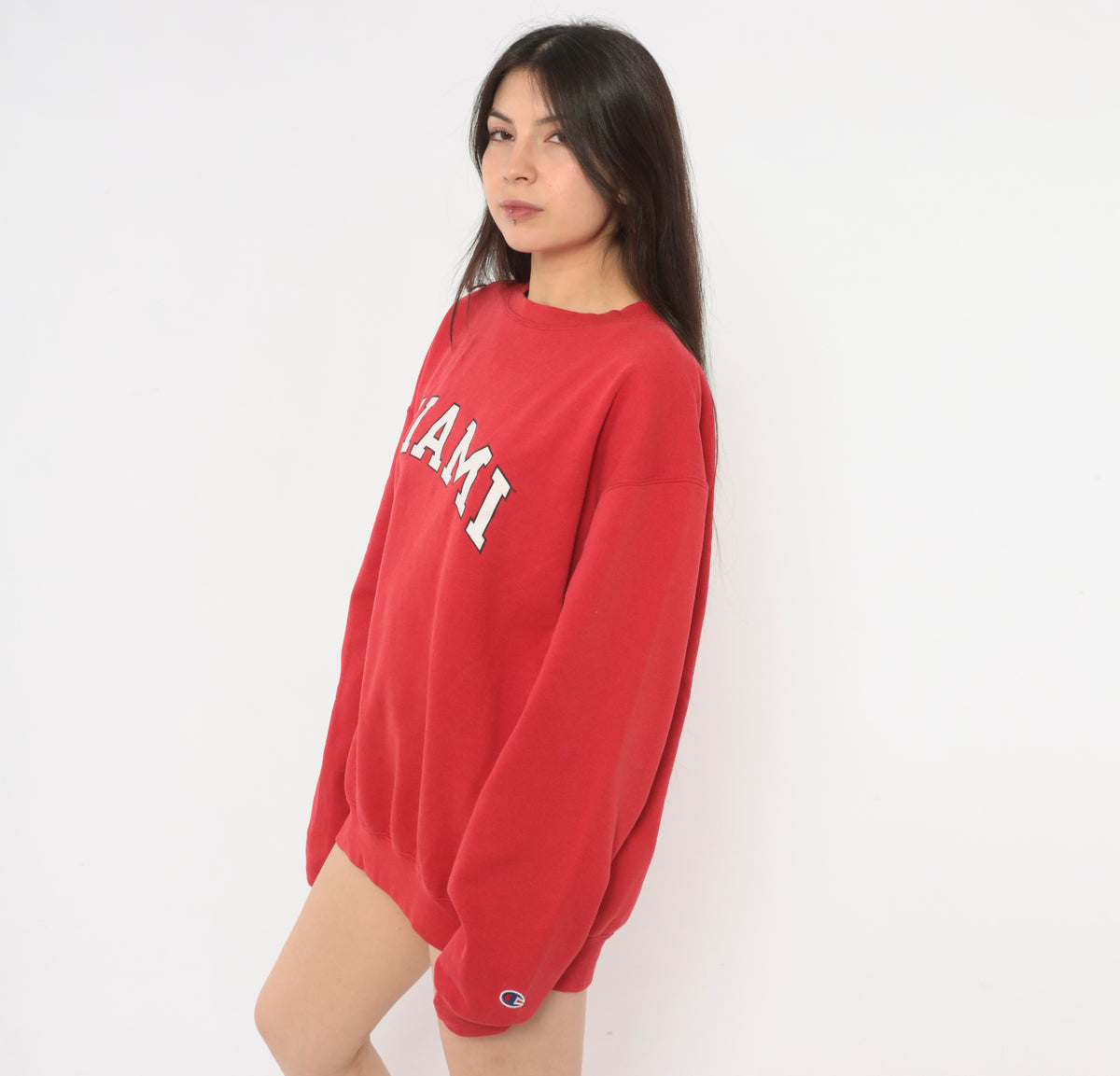 Y2K Miami Sweatshirt Red Crew Neck Pullover Collegiate Varsity Graphic White Arch Print Cotton Long Sleeve Boxy Raglan Preppy Academic College Unisex Vintage Large L