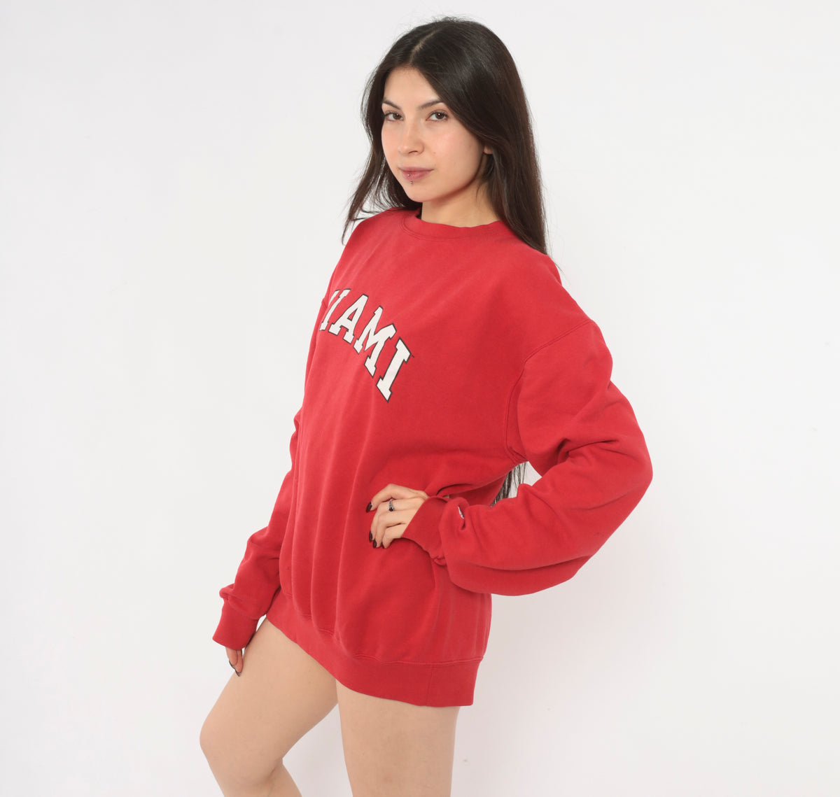 Y2K Miami Sweatshirt Red Crew Neck Pullover Collegiate Varsity Graphic White Arch Print Cotton Long Sleeve Boxy Raglan Preppy Academic College Unisex Vintage Large L