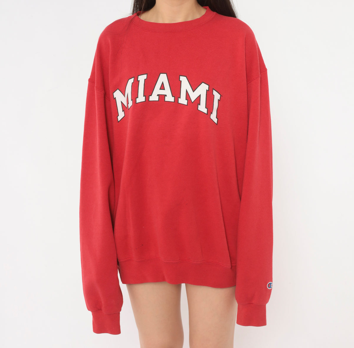 Y2K Miami Sweatshirt Red Crew Neck Pullover Collegiate Varsity Graphic White Arch Print Cotton Long Sleeve Boxy Raglan Preppy Academic College Unisex Vintage Large L
