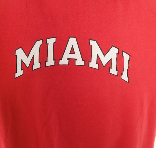 Y2K Miami Sweatshirt Red Crew Neck Pullover Collegiate Varsity Graphic White Arch Print Cotton Long Sleeve Boxy Raglan Preppy Academic College Unisex Vintage Large L