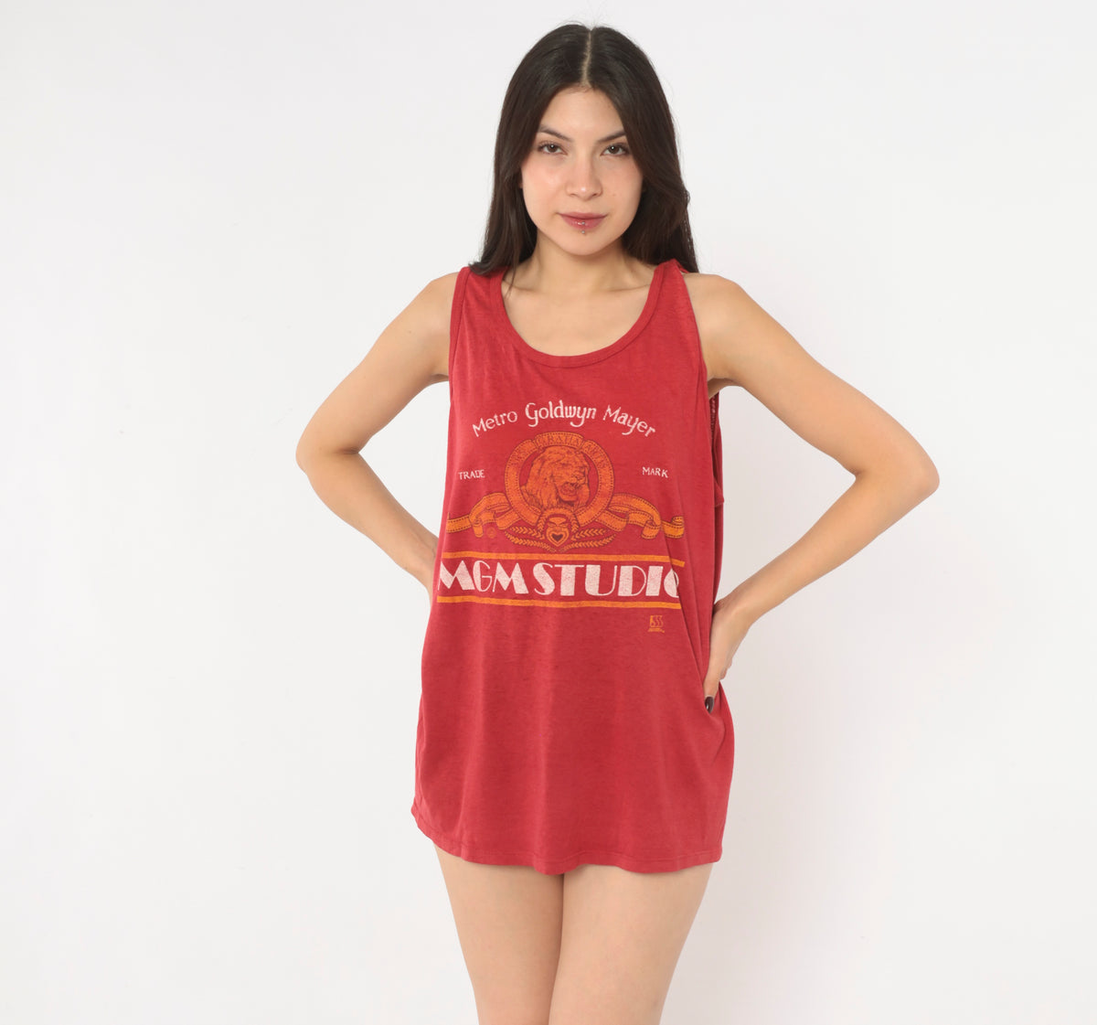 MGM Studio Tank Top 90s Red Orange Cotton Movie Logo Graphic Print Lion Scoop Neck Sleeveless Jerzees Hollywood Film Studio Muscle Tee Semi Sheer Summer Top Large L