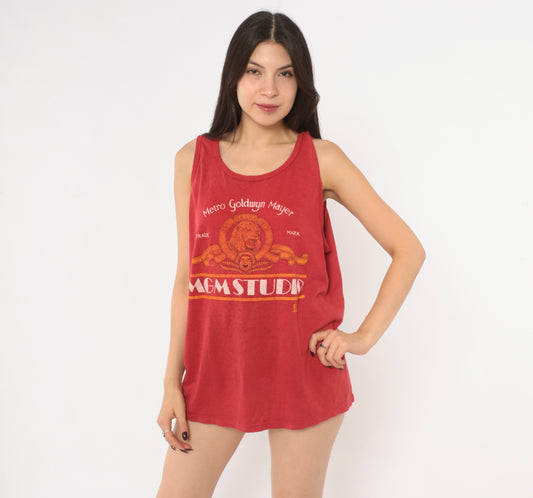 MGM Studio Tank Top 90s Red Orange Cotton Movie Logo Graphic Print Lion Scoop Neck Sleeveless Jerzees Hollywood Film Studio Muscle Tee Semi Sheer Summer Top Large L