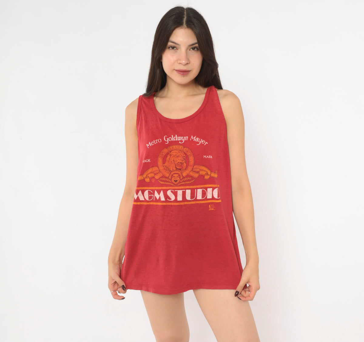 MGM Studio Tank Top 90s Red Orange Cotton Movie Logo Graphic Print Lion Scoop Neck Sleeveless Jerzees Hollywood Film Studio Muscle Tee Semi Sheer Summer Top Large L