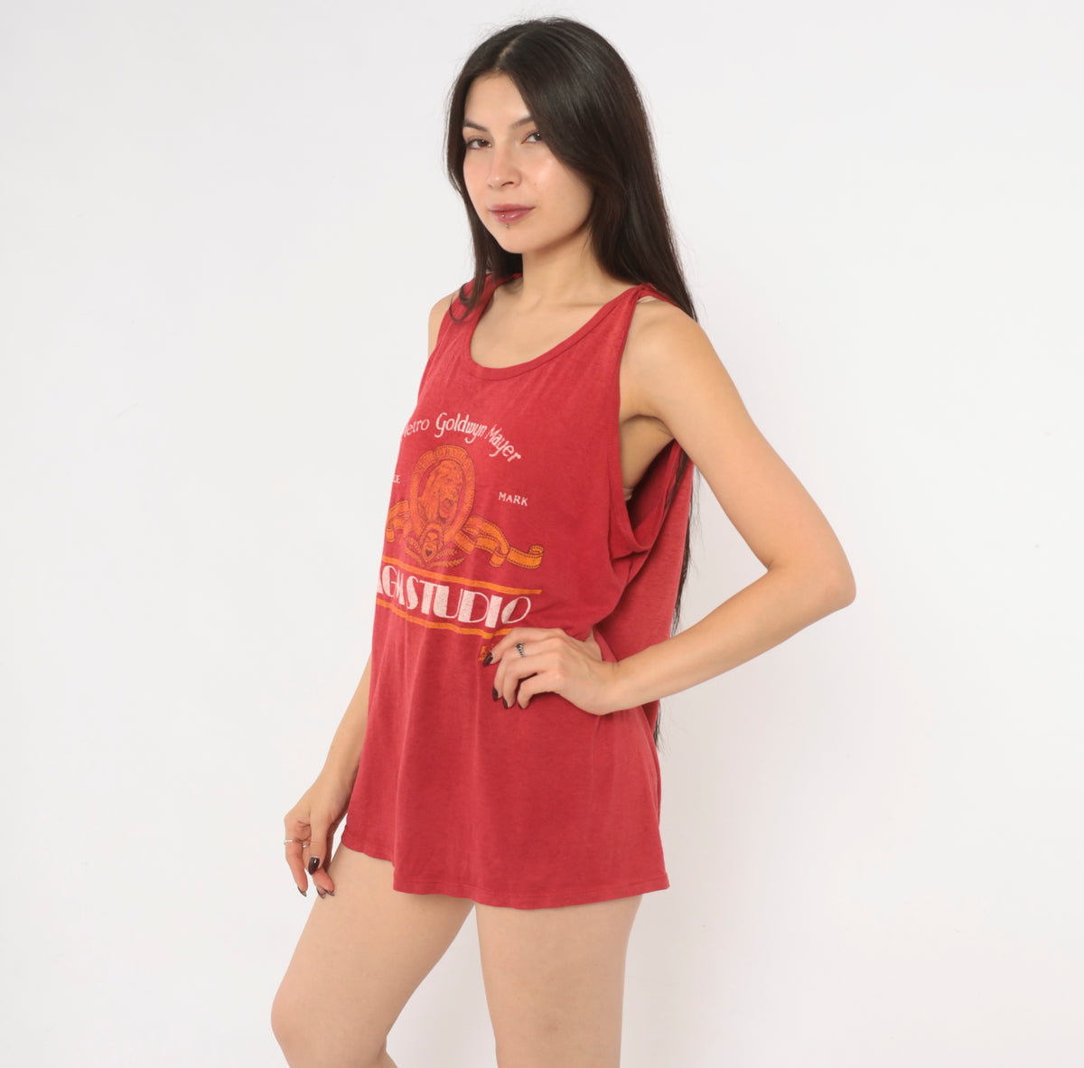 MGM Studio Tank Top 90s Red Orange Cotton Movie Logo Graphic Print Lion Scoop Neck Sleeveless Jerzees Hollywood Film Studio Muscle Tee Semi Sheer Summer Top Large L
