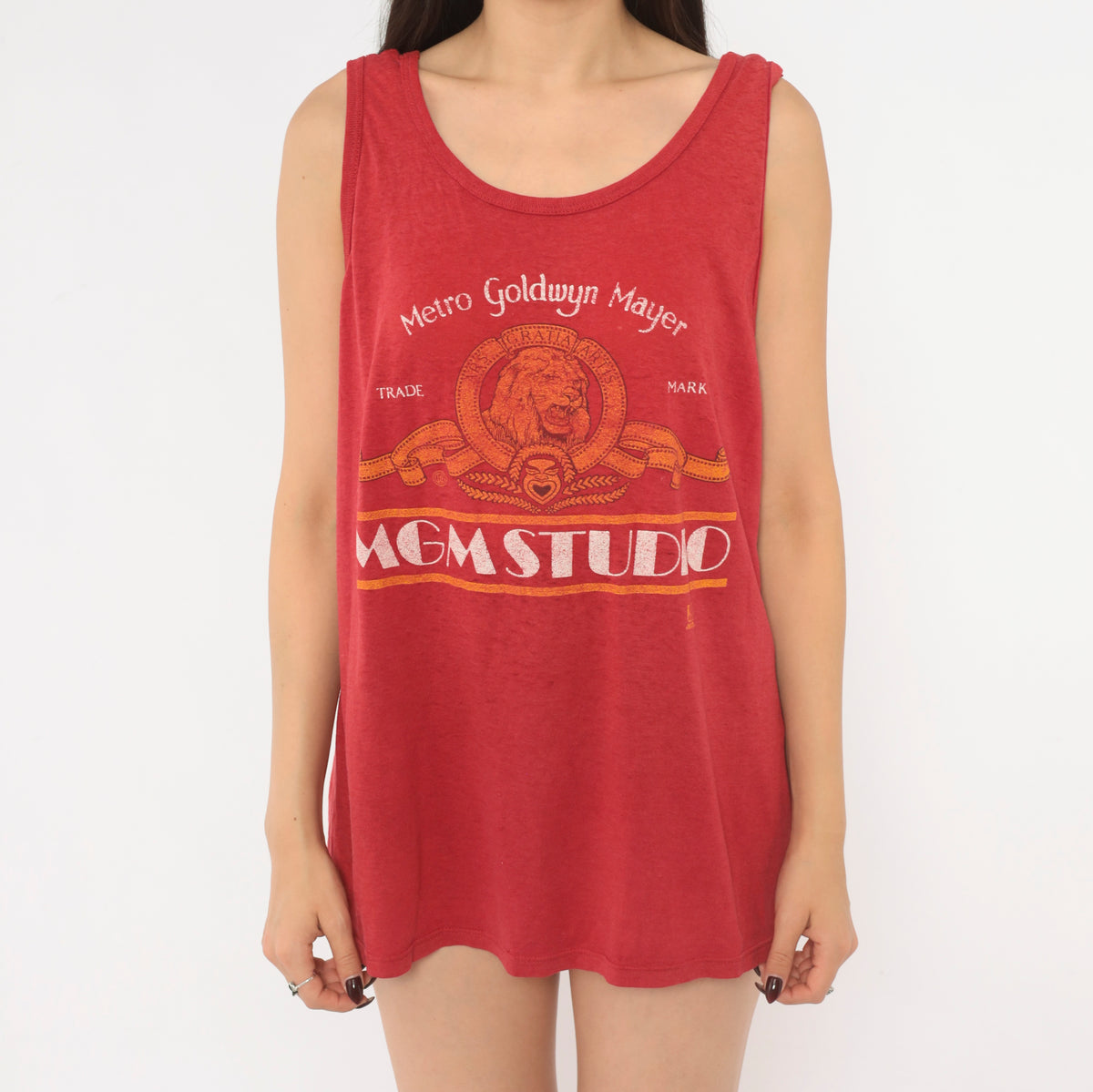 MGM Studio Tank Top 90s Red Orange Cotton Movie Logo Graphic Print Lion Scoop Neck Sleeveless Jerzees Hollywood Film Studio Muscle Tee Semi Sheer Summer Top Large L