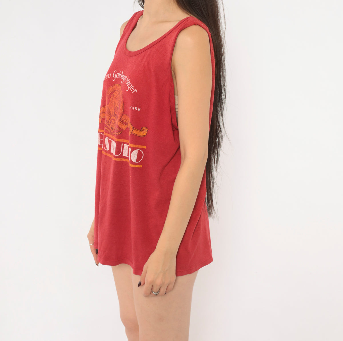 MGM Studio Tank Top 90s Red Orange Cotton Movie Logo Graphic Print Lion Scoop Neck Sleeveless Jerzees Hollywood Film Studio Muscle Tee Semi Sheer Summer Top Large L