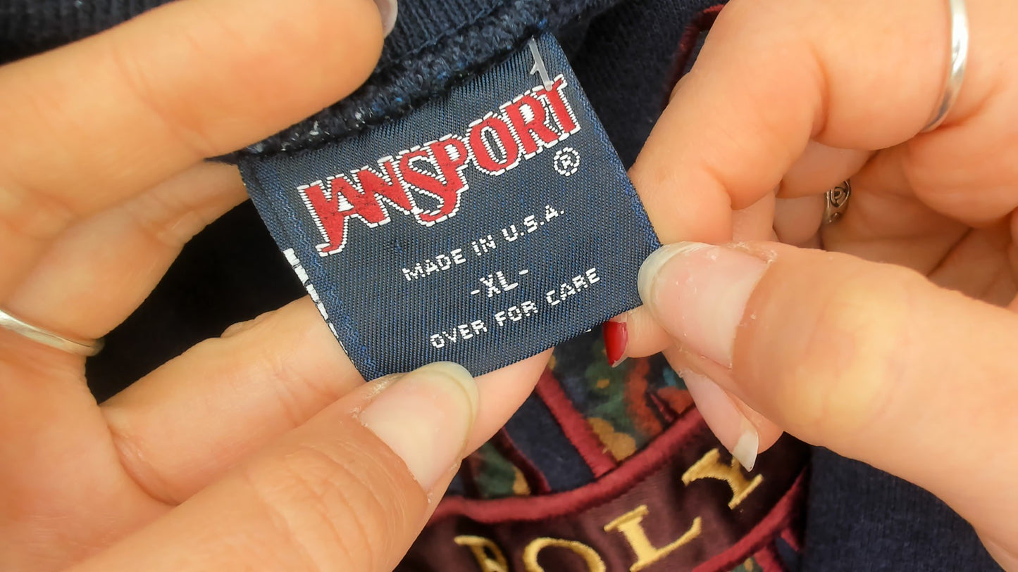 90s Jansport Navy Blue Sweatshirt Cal Poly Mom College University Collegiate Oversized Long Sleeve Graphic Paisley Logo Extra Large XL 16