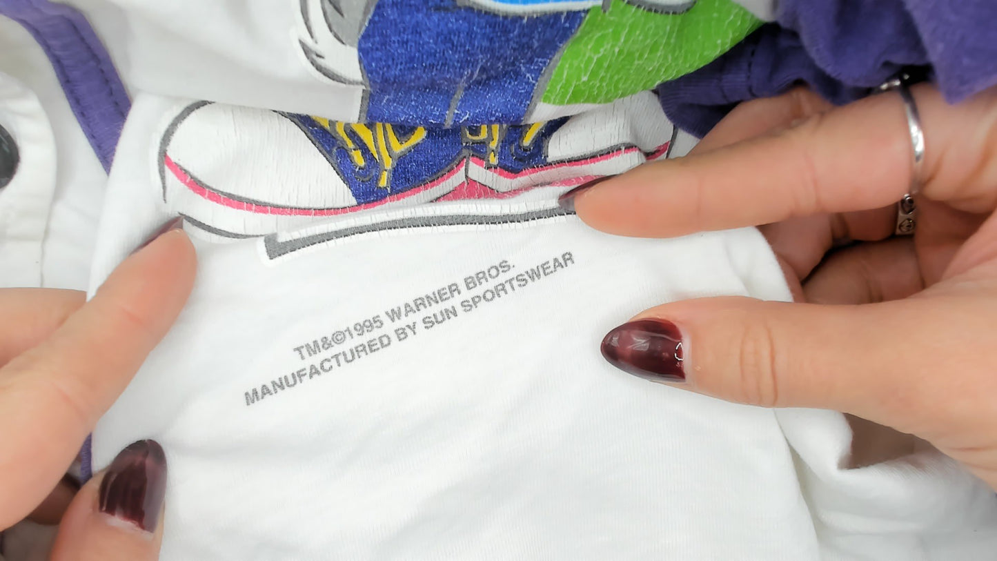 90s Looney Tunes Baseball Jersey Button Front Tweety Bugs Bunny White Purple Character Sun Sportswear Vintage Short Sleeve Top Extra Large