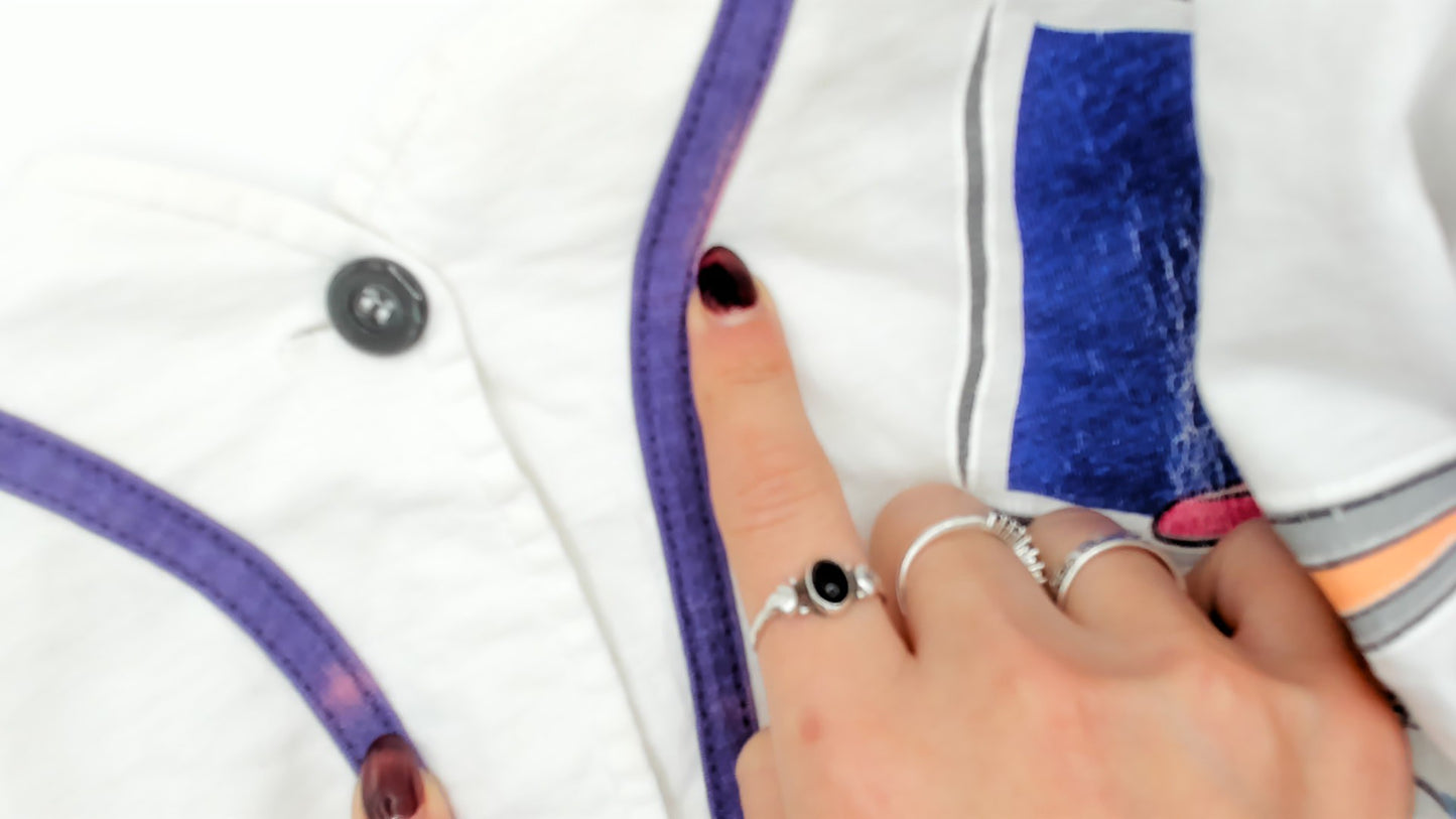 90s Looney Tunes Baseball Jersey Button Front Tweety Bugs Bunny White Purple Character Sun Sportswear Vintage Short Sleeve Top Extra Large